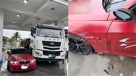 有網友開BMW跑車在加油站加油時，被一輛大貨車從後方「騎上」。（圖／翻攝自爆怨公社）