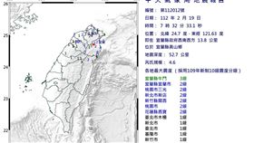  07:32宜蘭發生規模4.6地震。（圖／中央氣象局）