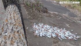 太平頭汴坑溪河堤遭人丟棄大量魚頭，警方逮人。（圖／民眾提供）