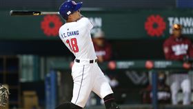 經典賽台灣隊自辦熱身賽　張育成開轟（1）世界棒球經典賽台灣隊25日晚間在新莊棒球場與中華職棒樂天桃猿隊展開自辦熱身賽，台灣隊野手張育成手感火燙，2局轟出3分砲，大幅擴大球隊領先優勢。中央社記者張新偉攝  112年2月25日