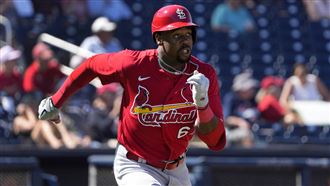 ▲紅雀農場頭號大物沃克（Jordan Walker）熱身賽對上國民，敲出雙響砲。（圖／美聯社／達志影像）