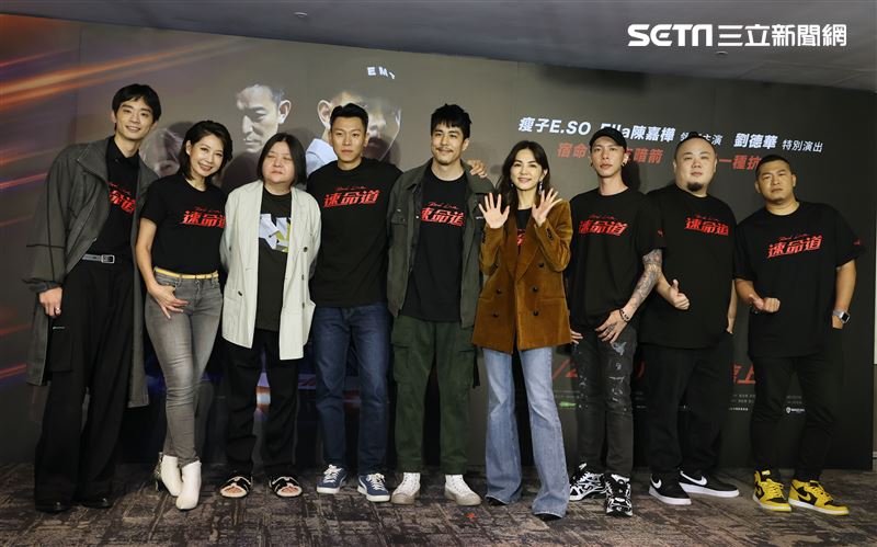 導演柯有謙，演員瘦子E.SO、Ella陳嘉樺、丁寧、「頑童MJ116」小春Kenzy、大淵MUTA、江治緯（草爺）、林志謙出席「速命道」聯訪。（記者邱榮吉/攝影）