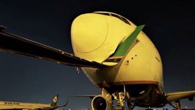 ▲▼長榮航勤作業出包，拖機作業時導致兩機發生擦撞意外，一架機翼翼尖插入另一家飛機機鼻。（圖／讀者提供）