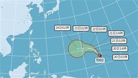 象局表示不排除最快今晚就會增強成今年第一號颱風「珊瑚」。（圖／翻攝自氣象局）