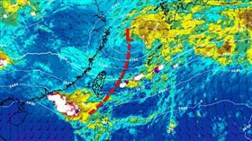 雲圖可見在廣東海面有一個旺盛對流區發展，持續將近整整一天的時間，低層有西南風暖濕空氣不斷提供水氣，高空則有氣流分流的良好輻散環境，導致深對流在同一區域不斷的反覆生長。在槽後西北氣流的帶動下，這團對流接近不了台灣。（圖／翻攝自天氣職人-吳聖宇）