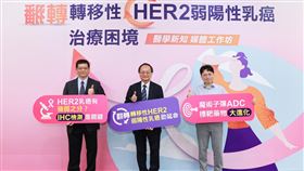 (大合照)台灣癌症基金會公布國際乳癌治療指引，介紹新分類「轉移性HER2弱陽性乳癌」，強調精準分類才能精準治療。(院方提供)