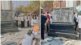 廣州聖心大教堂石碑因為一名孩子爬上去拍照後並跳下，碑面竟墜地破碎。（圖／翻攝自極目新聞、微博）