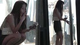 10多分鐘過去，李明珊再度走出服飾店，上演「亞洲蹲」的姿態狂抽菸。（圖／本刊攝影組／CTWANT提供）