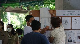 泰國大選 民眾在投票所翻看投票名冊