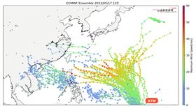 「台灣颱風論壇｜天氣特急」今（18）天上午9時30分許貼出一張圖發文寫下【熱帶擾動97W】目前位於關島南方低緯度洋面，整合逐漸發展中。（圖／翻攝自台灣颱風論壇）
