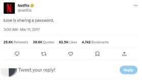 Netflix曾寫下「愛就是分享密碼」。（圖／翻攝自Netflix 臉書、推特）