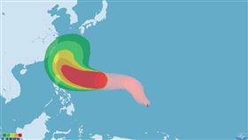 瑪娃颱風，27日2時的中心位置在北緯 16.0 度，東經 134.9 度，以每小時27公里速度，向西北西進行。中心氣壓900百帕，近中心最大風速每秒58公尺，瞬間最大陣風每秒 73 公尺，七級風暴風半徑 300 公里，十級風暴風半徑 120 公里。（圖／翻攝自中央氣象局）
