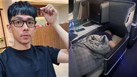 阿滴與Joeman飛往西雅圖，並偷拍對方在機上熟睡的照片。（圖／翻攝自阿滴臉書）