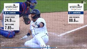 ▲「虎王」卡布瑞拉（Miguel Cabrera）擊敗「雷射肩」跑回本壘。（圖／翻攝自MLB官網）