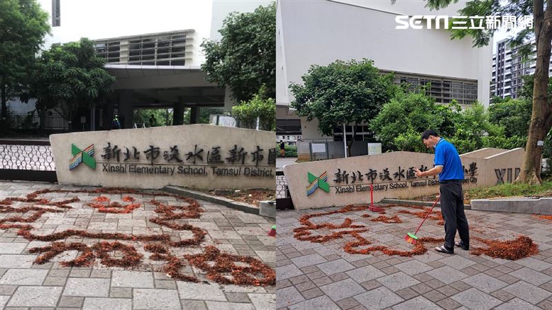掃把當畫筆！國小警衛「鳳凰花排畫」超美
