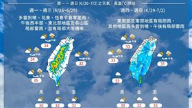 一圖懂下週天氣「2段式變化」！氣象局揭降雨熱區　2地高溫飆36度。（圖／翻攝自報天氣 - 中央氣象局臉書）