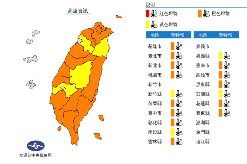 17縣市高溫警報。(圖/中央氣象局)