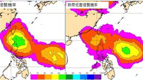 圖：最新歐洲模式系集模擬，13日「熱帶低壓」的侵襲機率圖顯示(左圖)，呂宋島東北的最大值約50%，台灣的機率則約在30%以下；15日另一「熱帶低壓」的侵襲機率圖(右圖)顯示，菲律賓東方另有一高值約50%，台灣的機率則仍在20%以下。