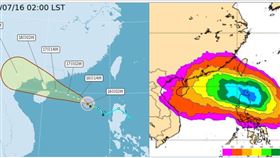 左圖：中央氣象局16日2時「路徑潛勢預測圖」顯示，輕颱「泰利」明日增強為中度，朝廣東（雷州半島）前進，不侵台。右圖：15日20時歐洲系集模式，24日20時模擬圖顯示，呂宋島東北端的輕颱以上侵襲機率為80%，台灣南端亦接觸到40%侵襲機率。