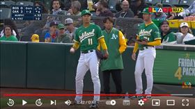 ▲藤浪晉太郎在牛棚練投時發生3次暴投，導致場上比賽不斷暫停。（圖／翻攝自愛爾達體育家族YT）