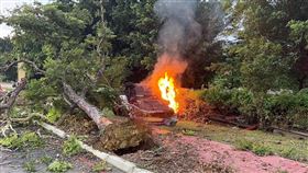 139縣道，百萬跑車過彎失控，撞斷路樹翻覆，超車，起火(圖／翻攝畫面)