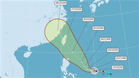 吳聖宇說，預估到週三晚間就會籠罩全台灣，颱風中心有機會在週三深夜到週四(27日)凌晨之間在花東交界一帶登陸。（圖／翻攝自中央氣象局）