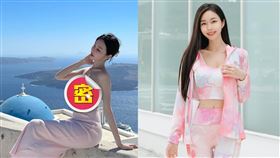 黃上晏在希臘美景身穿一件淡粉色平口洋裝辣到粉絲。（圖／翻攝自rubis_03 IG）