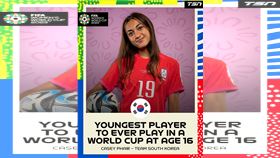 ▲韓美混血少女菲爾（Casey Yu-jin Phair）在25日比賽替補上場，成為世界盃女足賽最年輕的上場球員。（圖／翻攝自TSN推特）