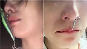 男子釣魚甩竿 女友多了魚鉤鼻環(翻攝自微博)