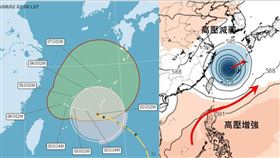 左圖：2日2時中央氣象局「路徑潛勢預測圖」顯示，今(2日)晨「卡努」中心通過琉球南方海面，續朝東海前進，移速減慢、滯留，4日逐漸向東北東迴轉。

右圖：最新(1日20時)歐洲(ECMWF)模式，模擬4日20時500百帕天氣圖顯示，「卡努」北方的高壓減弱，導引氣流轉由其南方的高壓北側的偏西風主導，逐漸向東北迴轉。(擷自tropical tidbits)