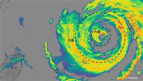 氣象粉專「台灣颱風論壇｜天氣特急」今天午間則是貼出一張圖並寫下【卡努颱風：雙眼牆】，目前已達中颱上限，是一個成熟的颱風。（圖／翻攝自台灣颱風論壇）
