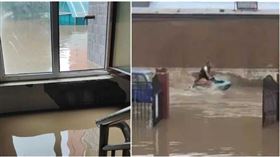 慘！河北涿州水災「13萬人受困」洩洪前沒通知？村民：很多人不當回事  洪水淹樓梯，還有人騎水上摩托車。（圖／翻攝中新社）