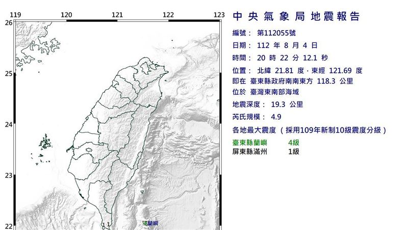 20：22地牛翻身規模4.9地震　最大震度4級