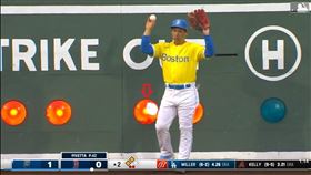 ▲安打球打進綠色怪物的燈罩，紅襪左外野手吉田正尚一度找不到球。（圖／翻攝自MLB官網）