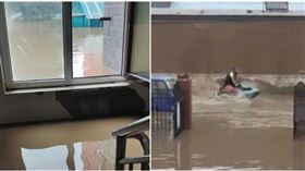 慘！河北涿州水災「13萬人受困」洩洪前沒通知？村民：很多人不當回事  洪水淹樓梯，還有人騎水上摩托車。（圖／翻攝中新社）