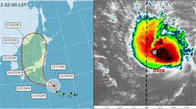 左圖：12日2時中央氣象局「路徑潛勢預測圖」顯示，第7號「中颱蘭恩」增強中，向西北轉北朝日本前進，下週一、二(14、15日)侵襲日本本州。

右圖：今(12日)晨4：15紅外線雲圖顯示，「颶風Dora」已在換日線(東經180度)東側，今將跨入「西北太平洋」被收編為第8號颱風。(圖擷自tropical tidbits)