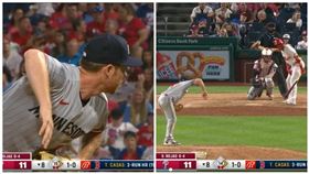 ▲盧普洛（Jordan Luplow）學費城人終結者投球準備動作，結果挨轟。（圖／翻攝自MLB官網）