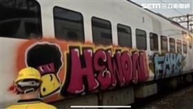 台鐵樹林調車場的新自強號遭人噴漆塗鴉。（圖／翻攝畫面）