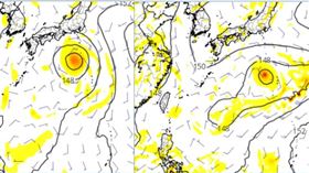 圖：最新(15日20時)歐、美模擬資料顯示，下週一(21日)20時歐洲模式模擬熱帶擾動在日本南方近海(左圖)，美國模式模擬動向仍不明(右圖)。（圖擷自tropical tidbits）