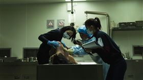 張鈞甯（左）和項婕如在《查無此心》驗屍。（圖／華映娛樂提供）