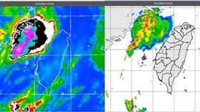 左圖：今(19日)晨4：20紅外線色調強化雲圖顯示，台灣海峽北部對流雲系接近中。

右圖：19日4：20雷達回波合成圖顯示，對流雲系伴隨線狀回波。