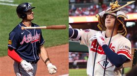 ▲勇士歐森（Matt Olson）只獨佔全壘打王寶座6天，就被大谷翔平的滿貫砲追平。（組合圖／美聯社／達志影像、天使推特）