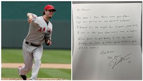 ▲前天使名將哈倫（Dan Haren）手寫信，希望可以得到大谷翔平和神鱒的簽名。（組合圖／美聯社、哈倫推特）