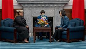 蔡英文總統今（30）日上午接受馬紹爾群島共和國新任駐台特命全權大使卡蒂爾（Anjanette Kattil）呈遞到任國書，歡迎她來台履任。(圖/總統府提供)