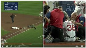 ▲張育成在一壘接球和跑者發生擦撞。（圖／翻攝自遙控器拿來我要看棒球YT）