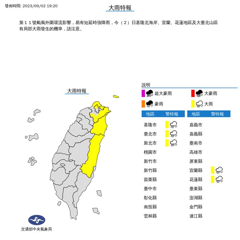 氣象局今晚間19時20分針對5縣市發布大雨特報。(圖/翻攝自氣象局)