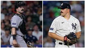 ▲洋基新秀捕手威爾斯（Austin Wells）撞臉陣中左投羅登（Carlos Rodon）。（圖／美聯社／達志影像）