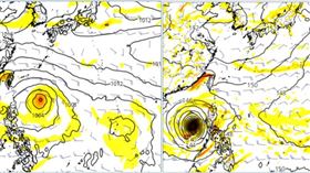 圖：最新(16日20時)歐洲(ECMWF左圖)及美國(GFS右圖)模式，26日20時模擬圖顯示，「西北太平洋」有熱帶擾動活動，但模擬的強度、位置差異不小，需持續觀察。(圖擷自tropical tidbits)