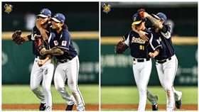 ▲張祖恩中職一軍初登板安全下莊，表哥張志豪抱緊拍頭給鼓勵。（組合圖／中信兄弟球團提供）
