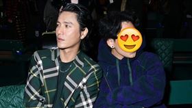 陳坤（左）帶兒子陳尊佑現身時裝週。(圖／翻攝芒果撈小萌主微博)